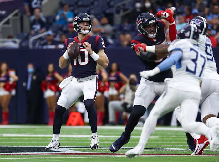 Houston, Texas, USA; Houston Texans quarterback Davis Mills (10) in action during the game against the Tennessee Titans at NRG Stadium.